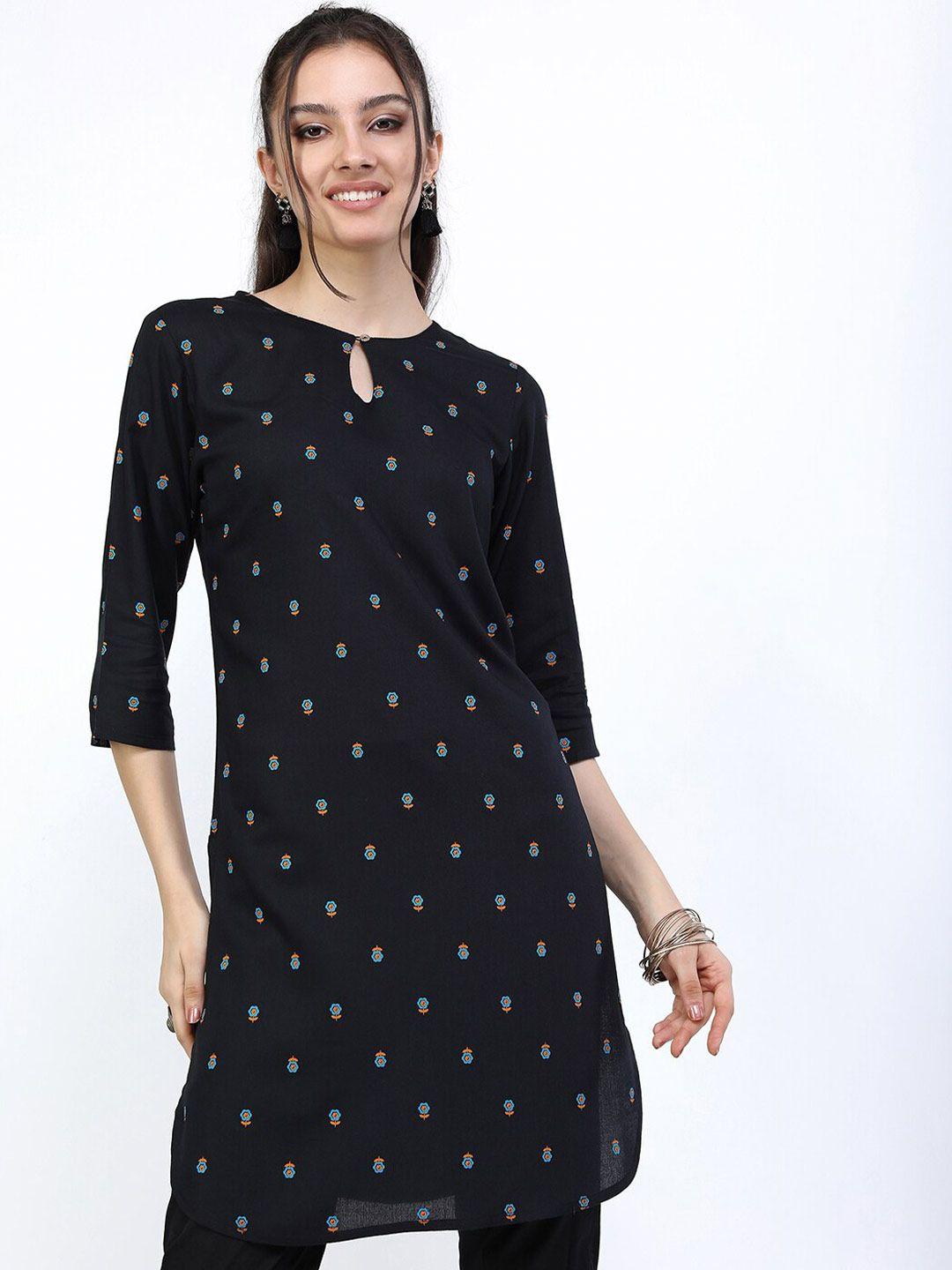 vishudh black floral printed straight kurti