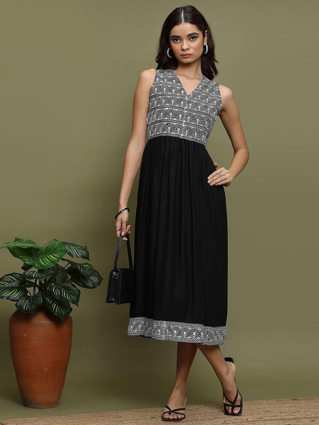 vishudh black geometric embroidered a-line midi dress