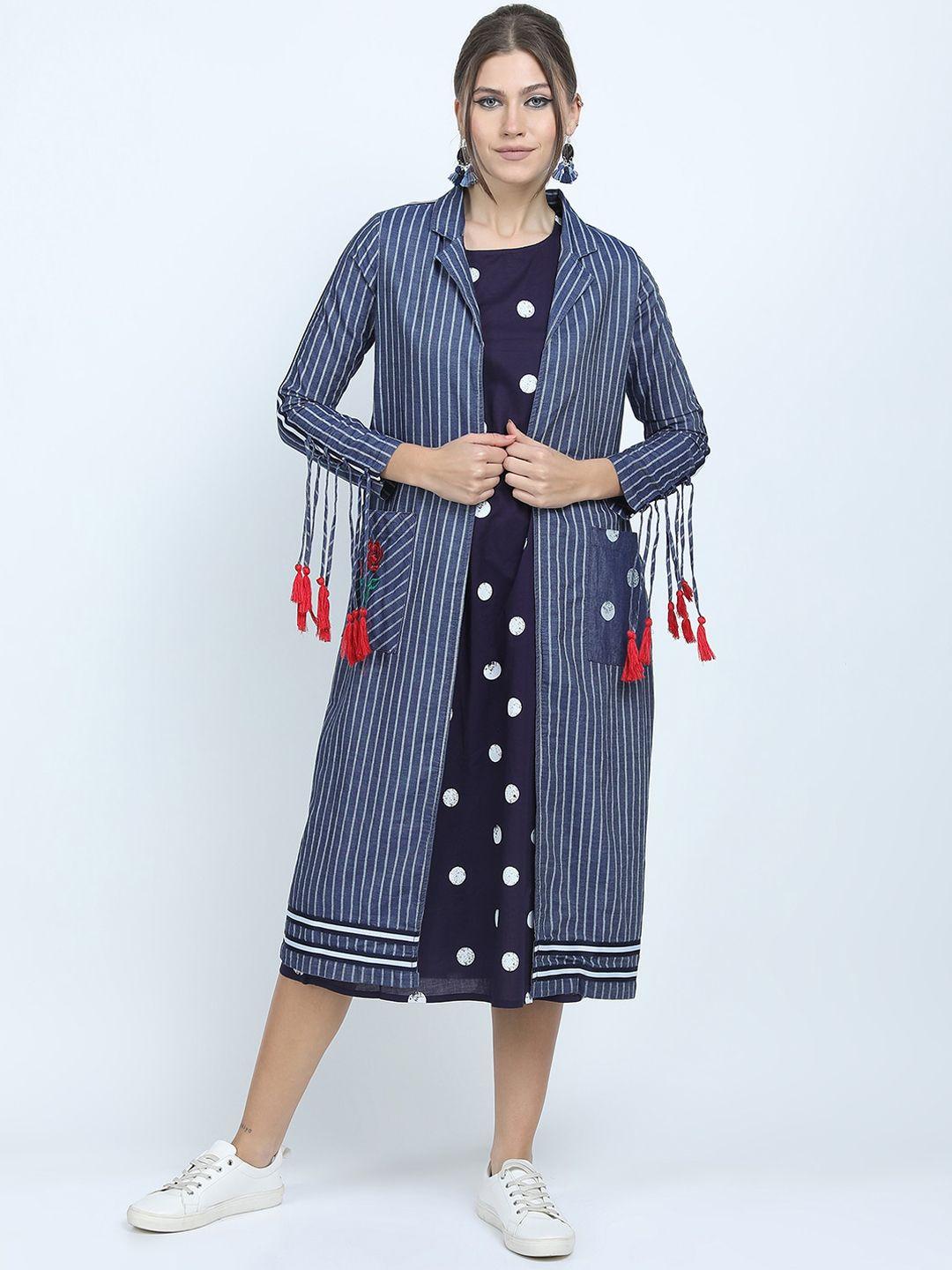 vishudh blue a-line midi dress with striped jacket