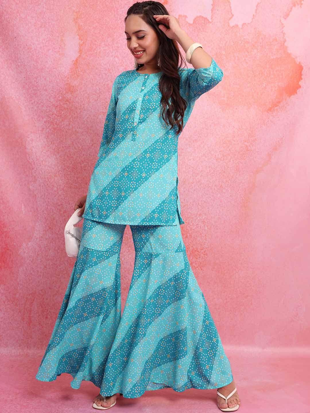 vishudh blue bandhani printed kurti & sharara