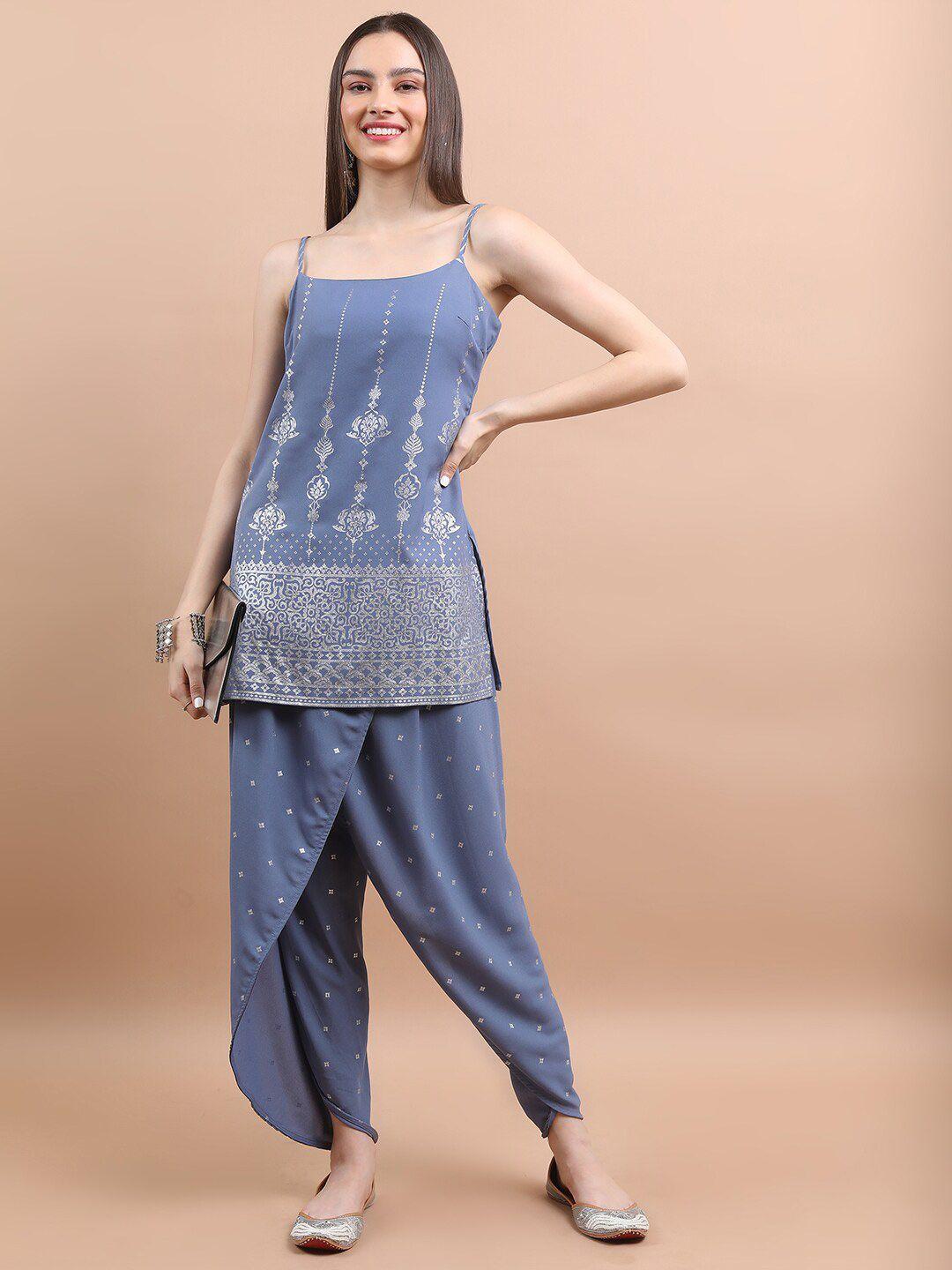 vishudh blue ethnic motifs printed regular kurti with dhoti pants