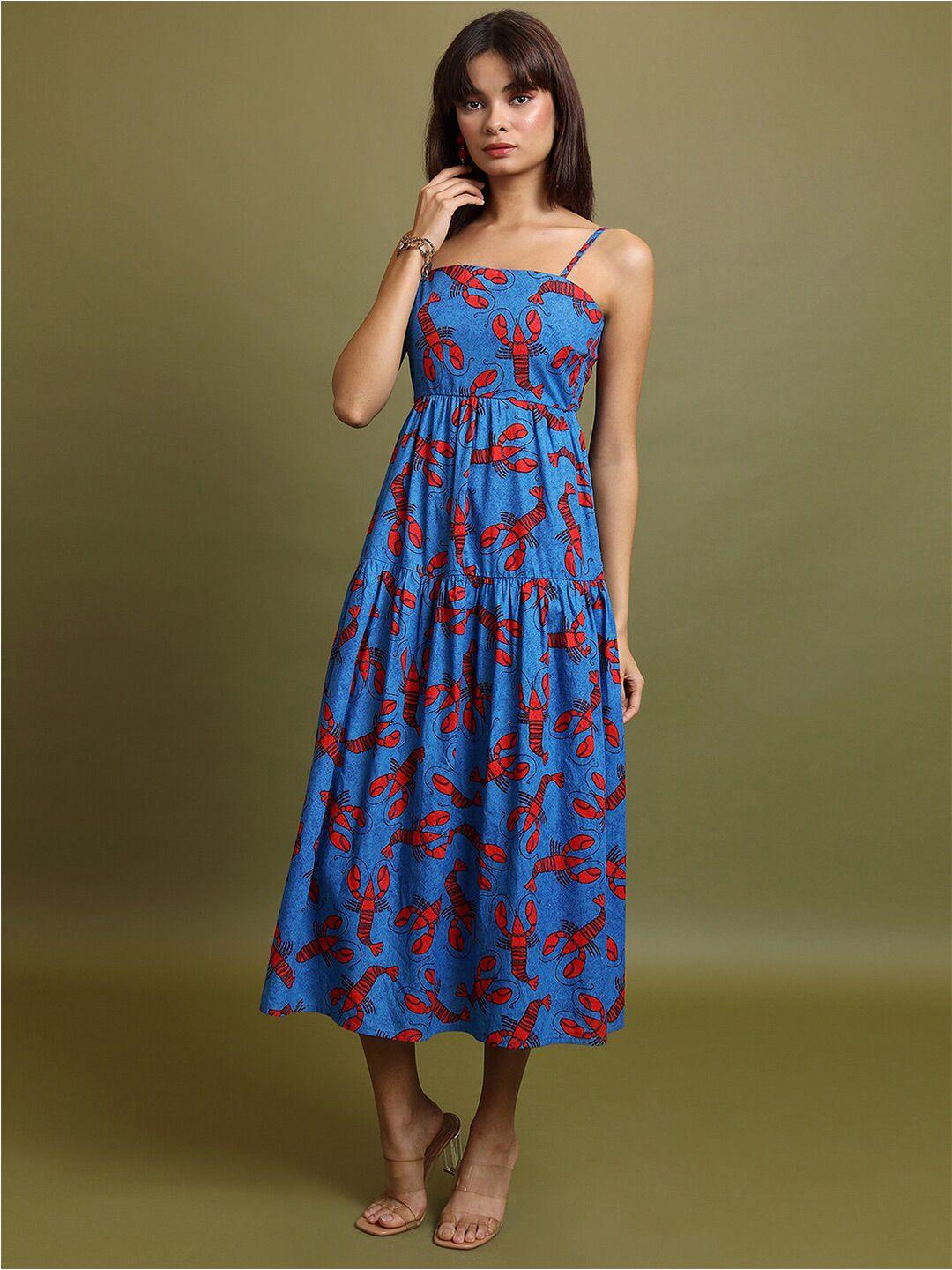 vishudh blue floral print a-line midi dress