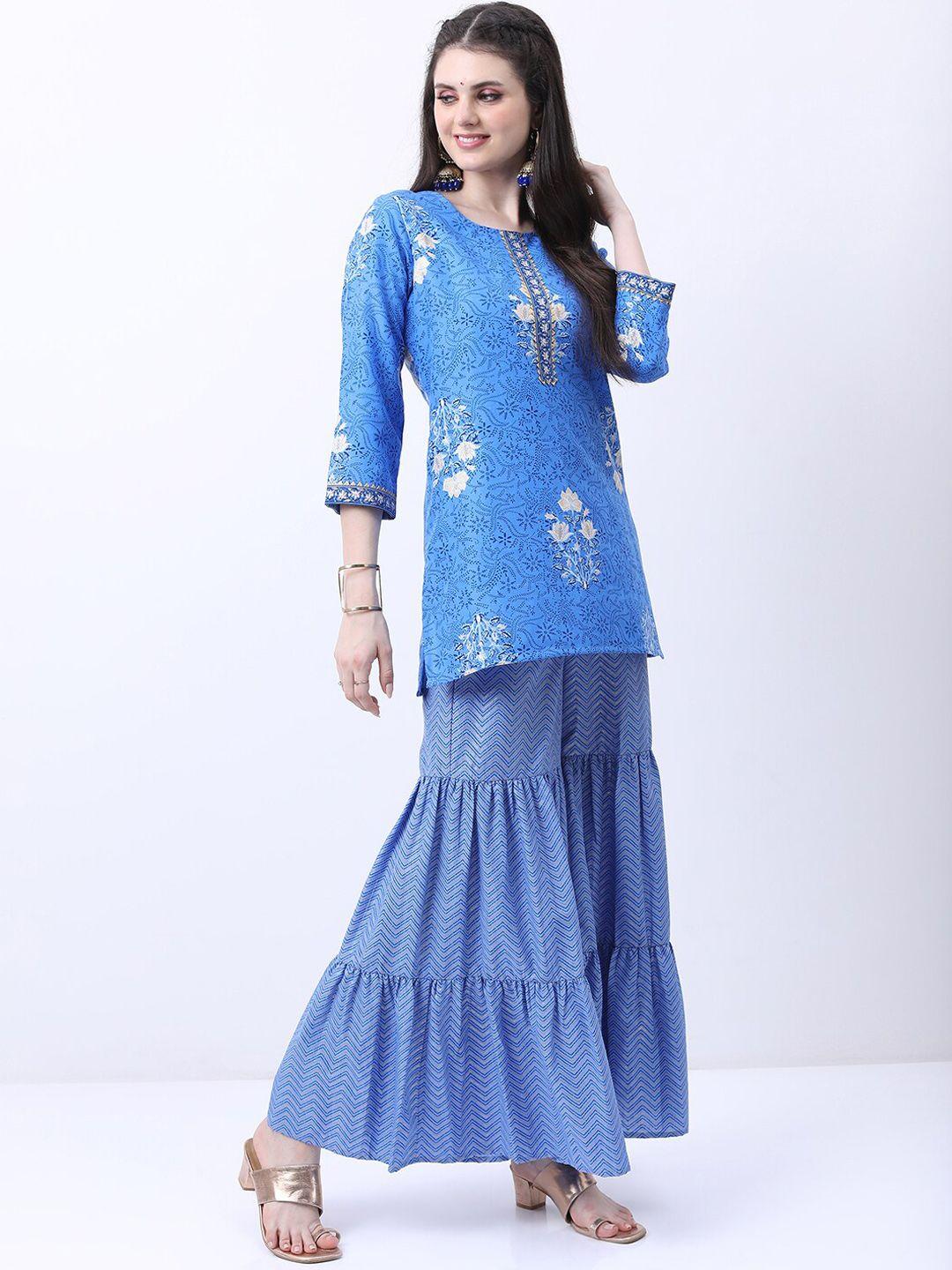 vishudh blue floral printed kurti with sharara