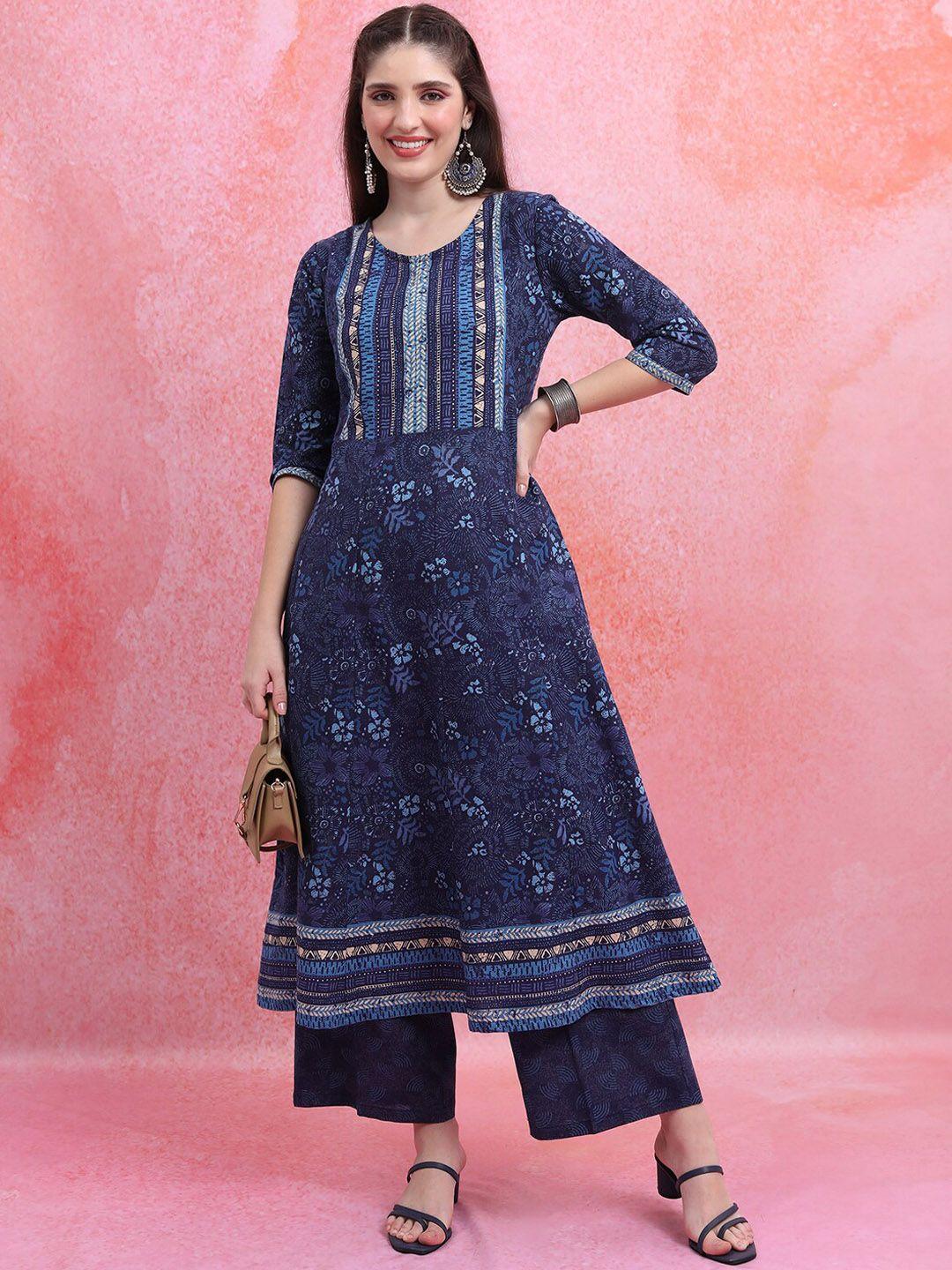 vishudh blue floral printed pure cotton panelled a-line kurta with trousers