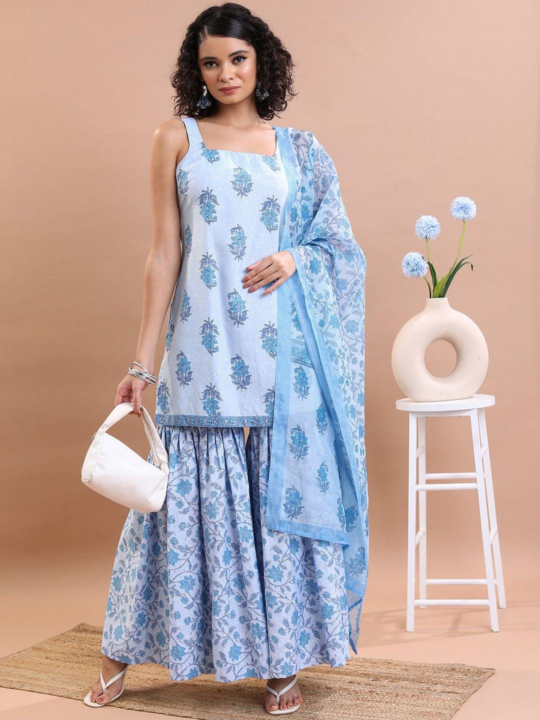 vishudh blue floral printed top with sharara & dupatta