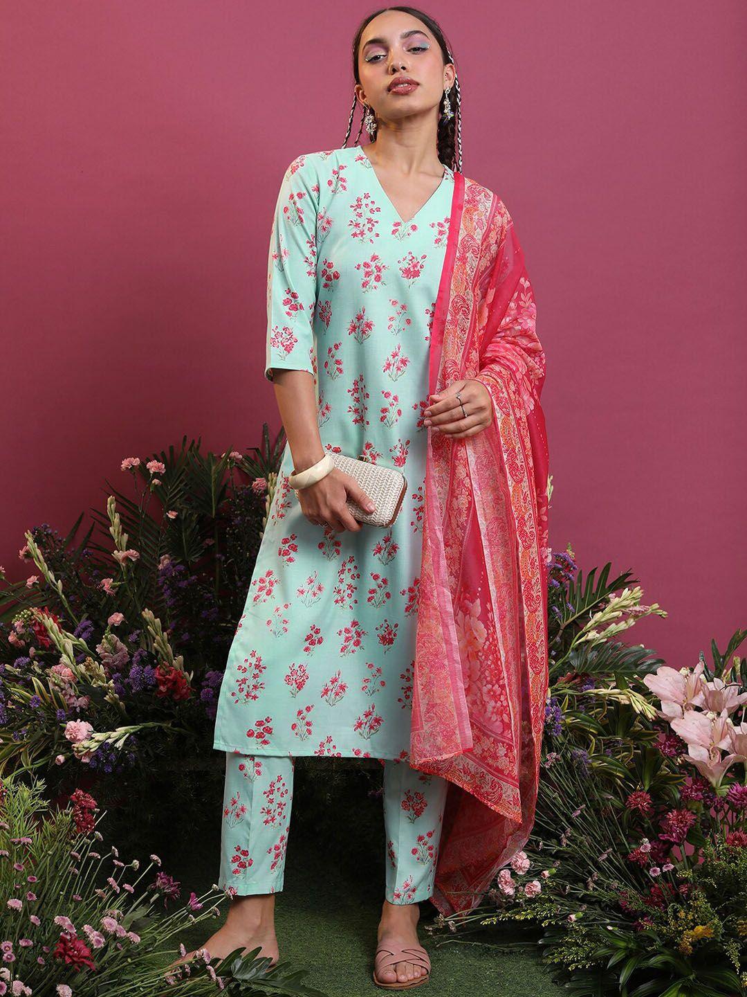 vishudh blue v-neck floral printed straight kurta with trousers & dupatta