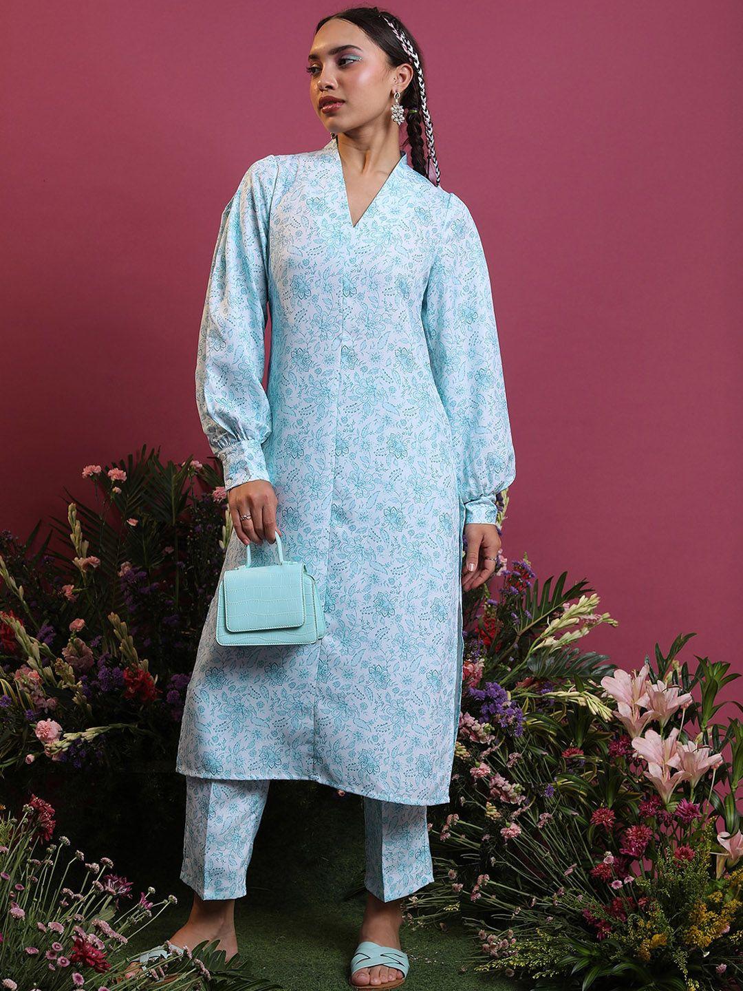 vishudh blue v-neck puffed sleeves floral printed straight kurta with trousers