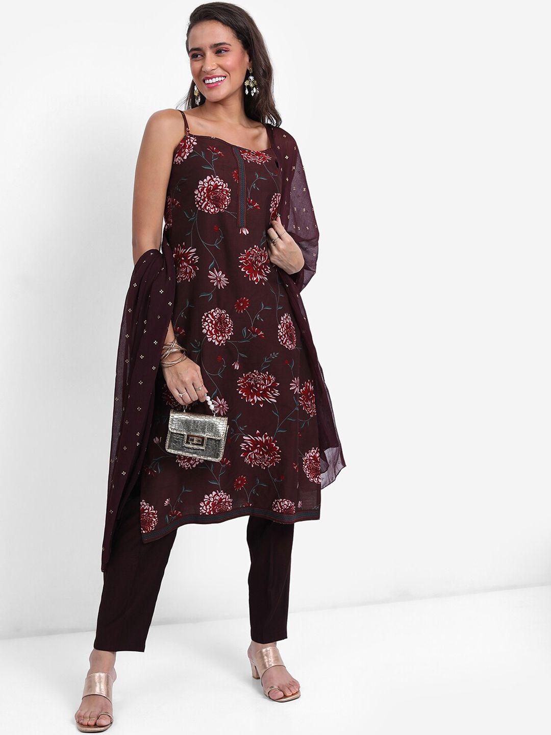 vishudh brown floral printed regular kurta with trousers & dupatta