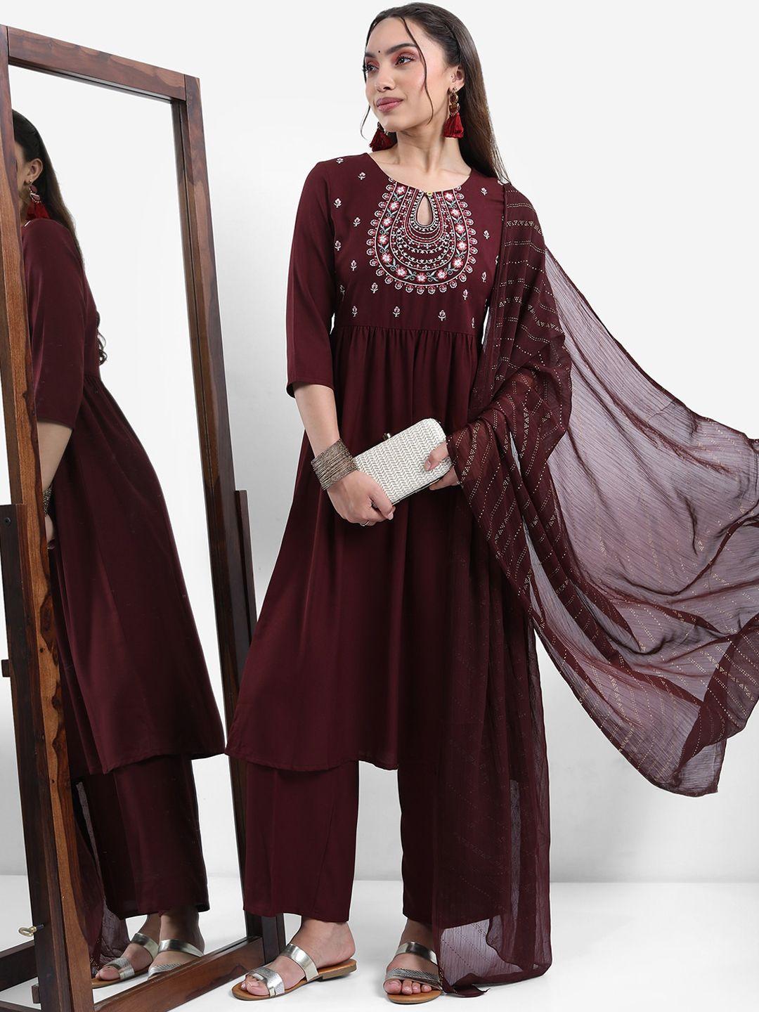 vishudh burgandy ethnic motifs embroidered empire a-line kurta with palazzos & dupatta