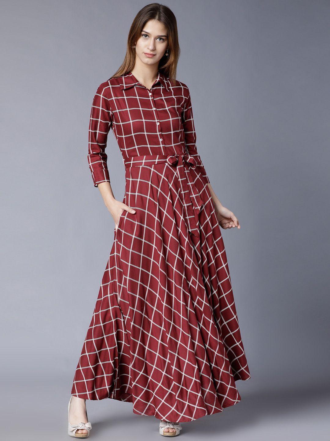 vishudh burgundy checked flared belted shirt maxi dress