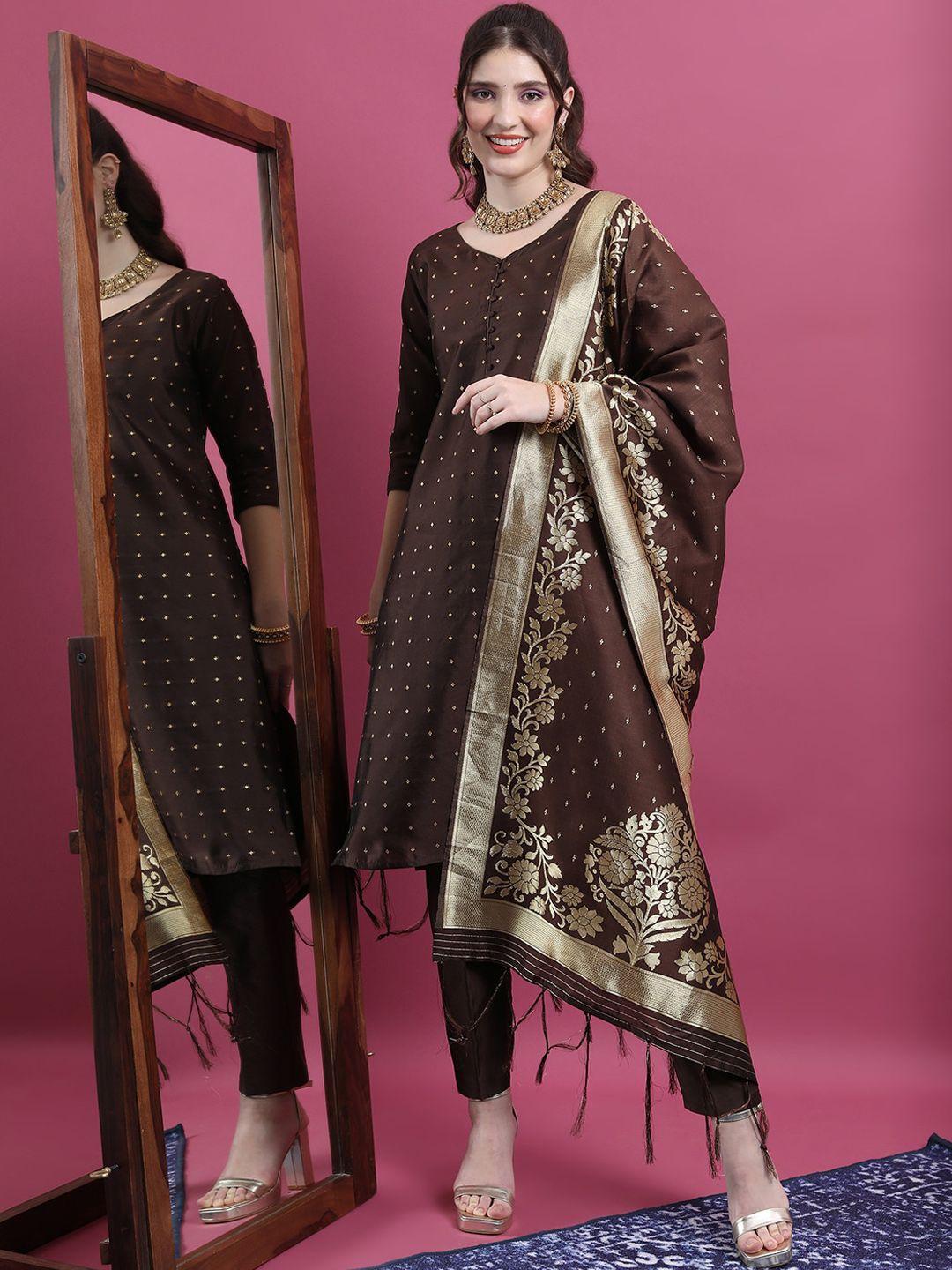 vishudh coffee brown ethnic motifs woven design zari detail kurta with trousers &  dupatta