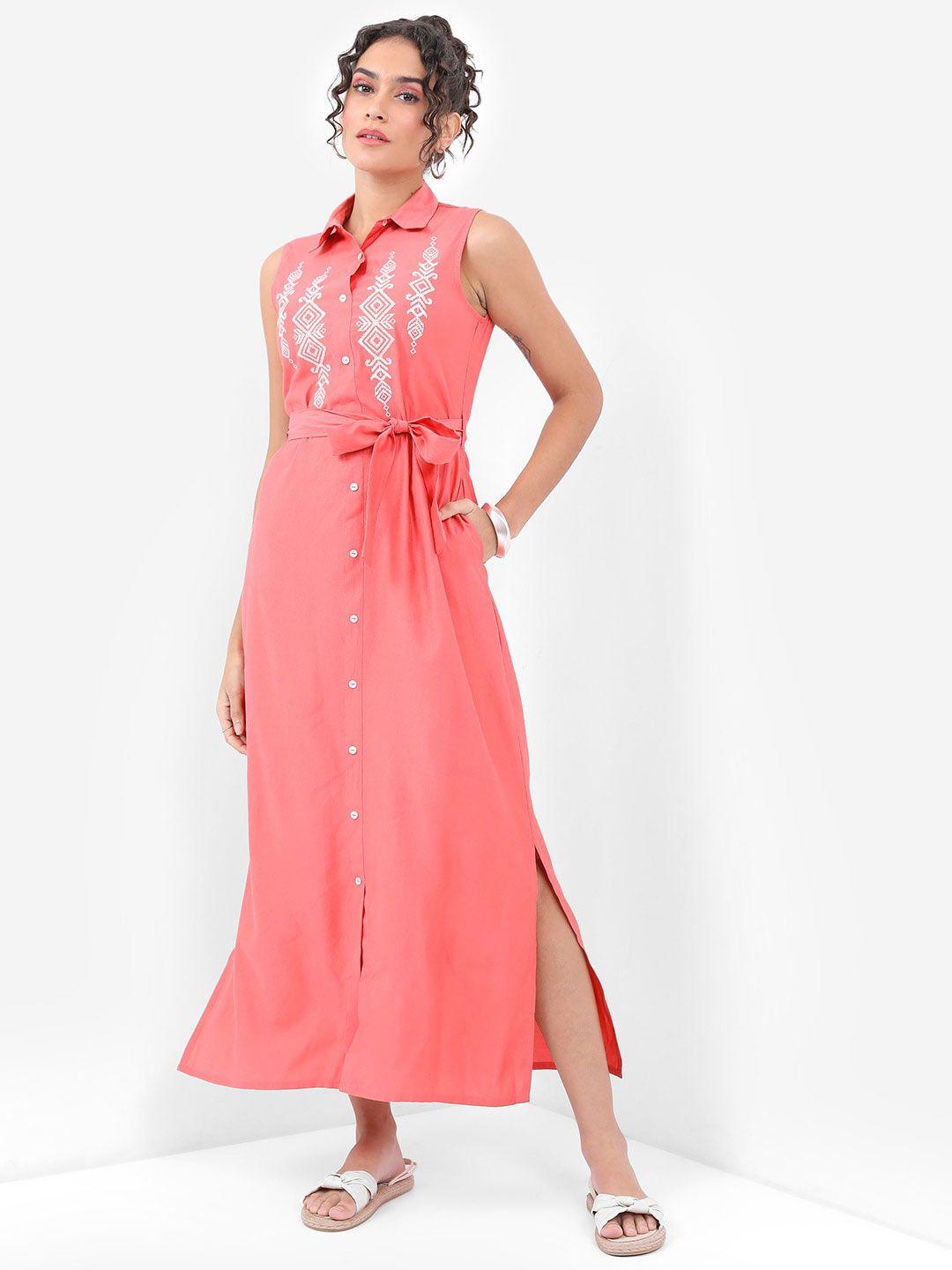 vishudh coral embroidered shirt collar maxi dress with belt