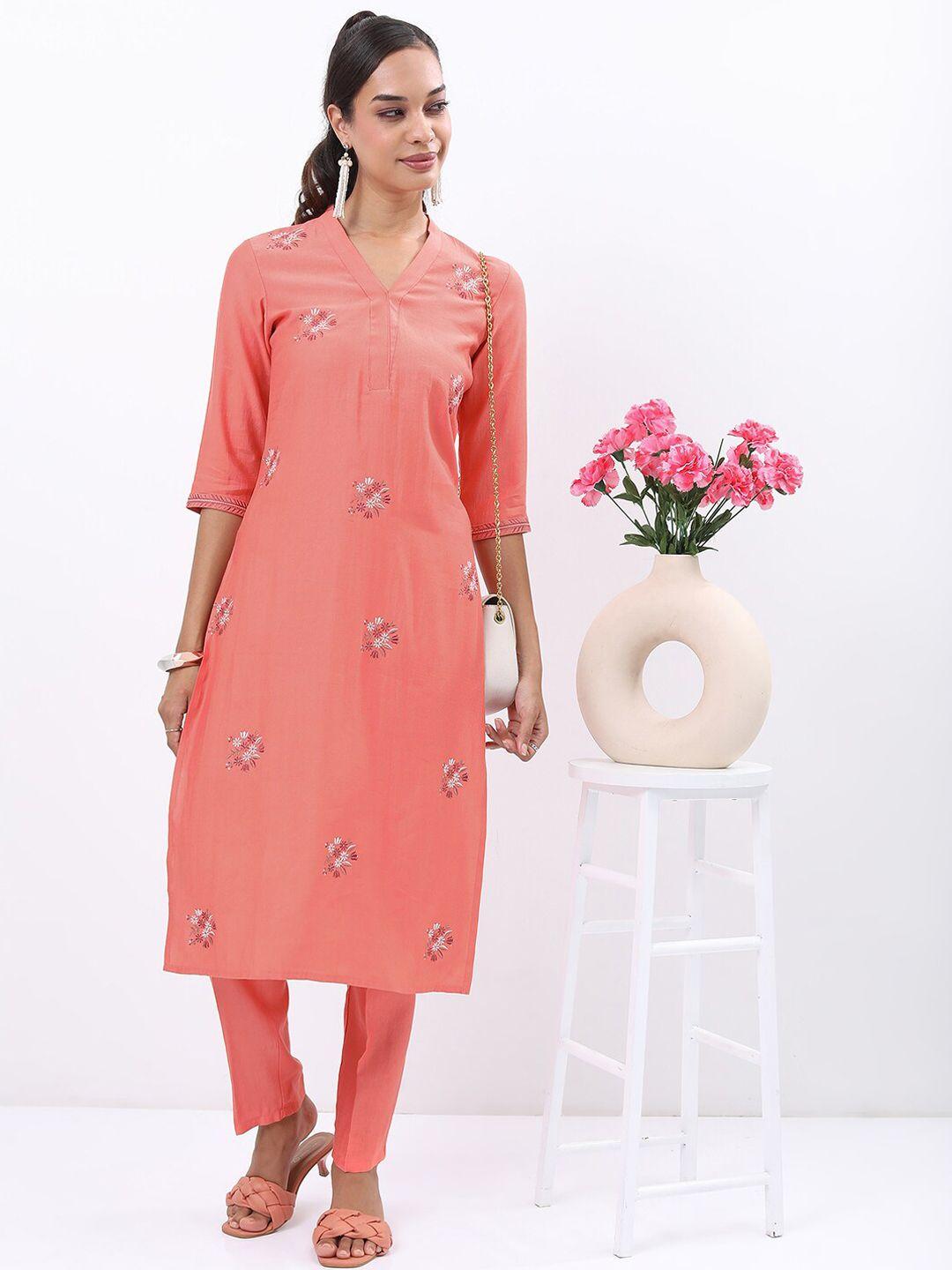 vishudh coral floral embroidered v-neck kurta with trousers & dupatta