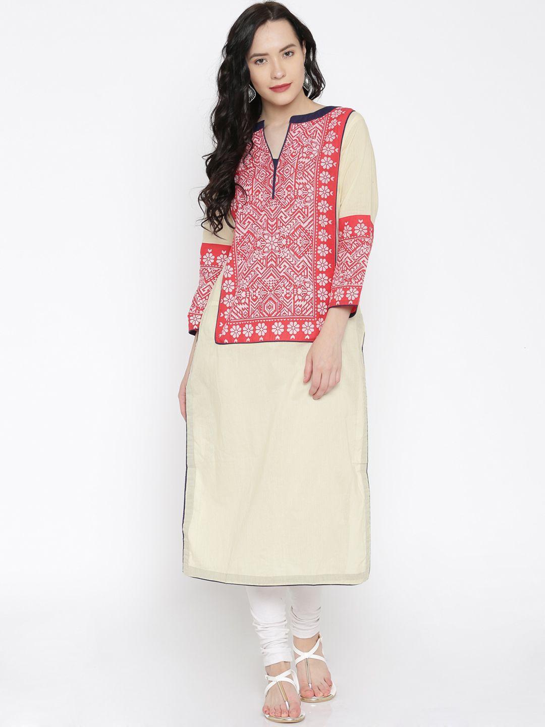 vishudh cream-coloured & red printed kurta