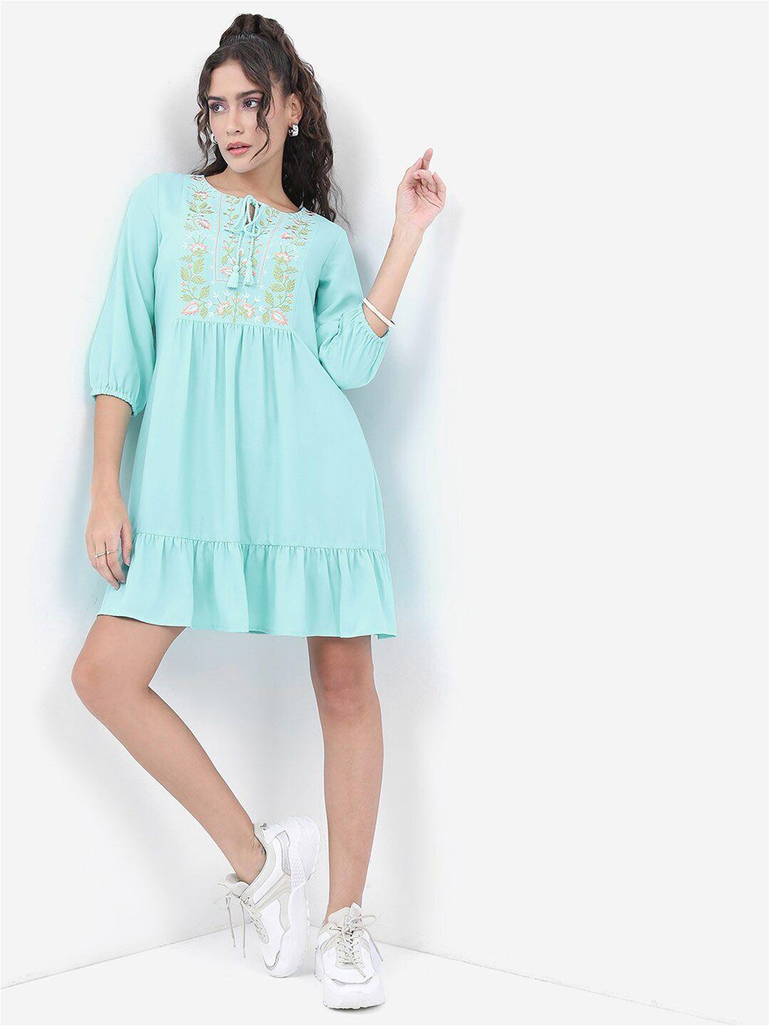 vishudh embroidered tie-up neck short a-line dress