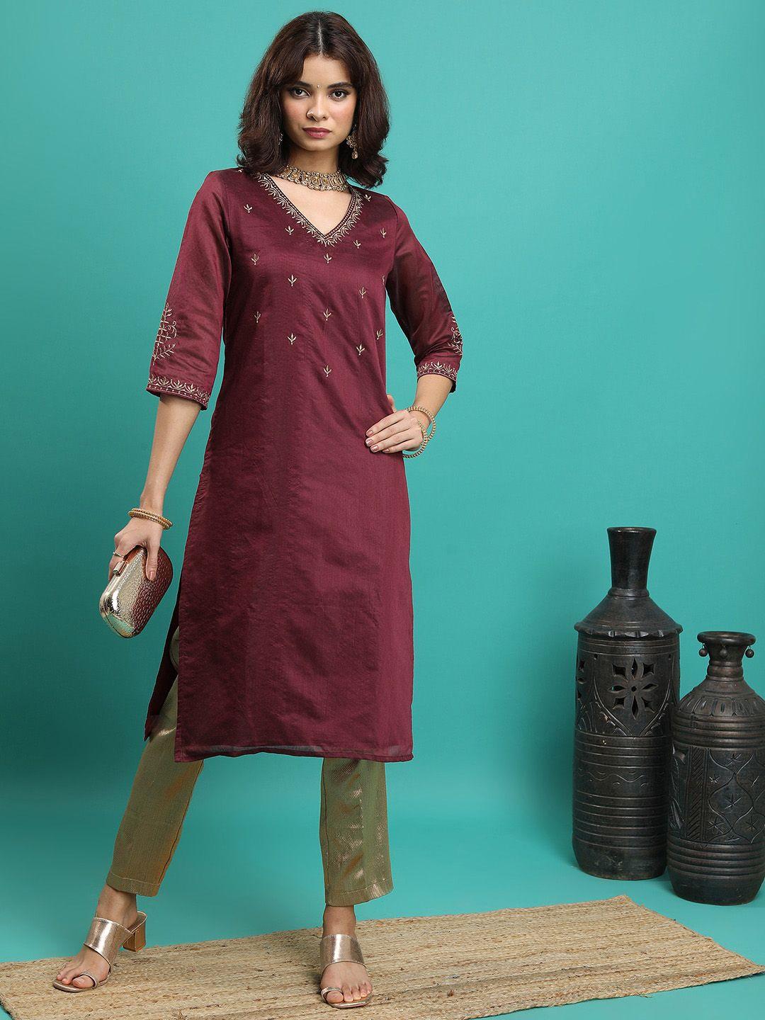 vishudh ethnic embroidered v-neck thread work straight kurta