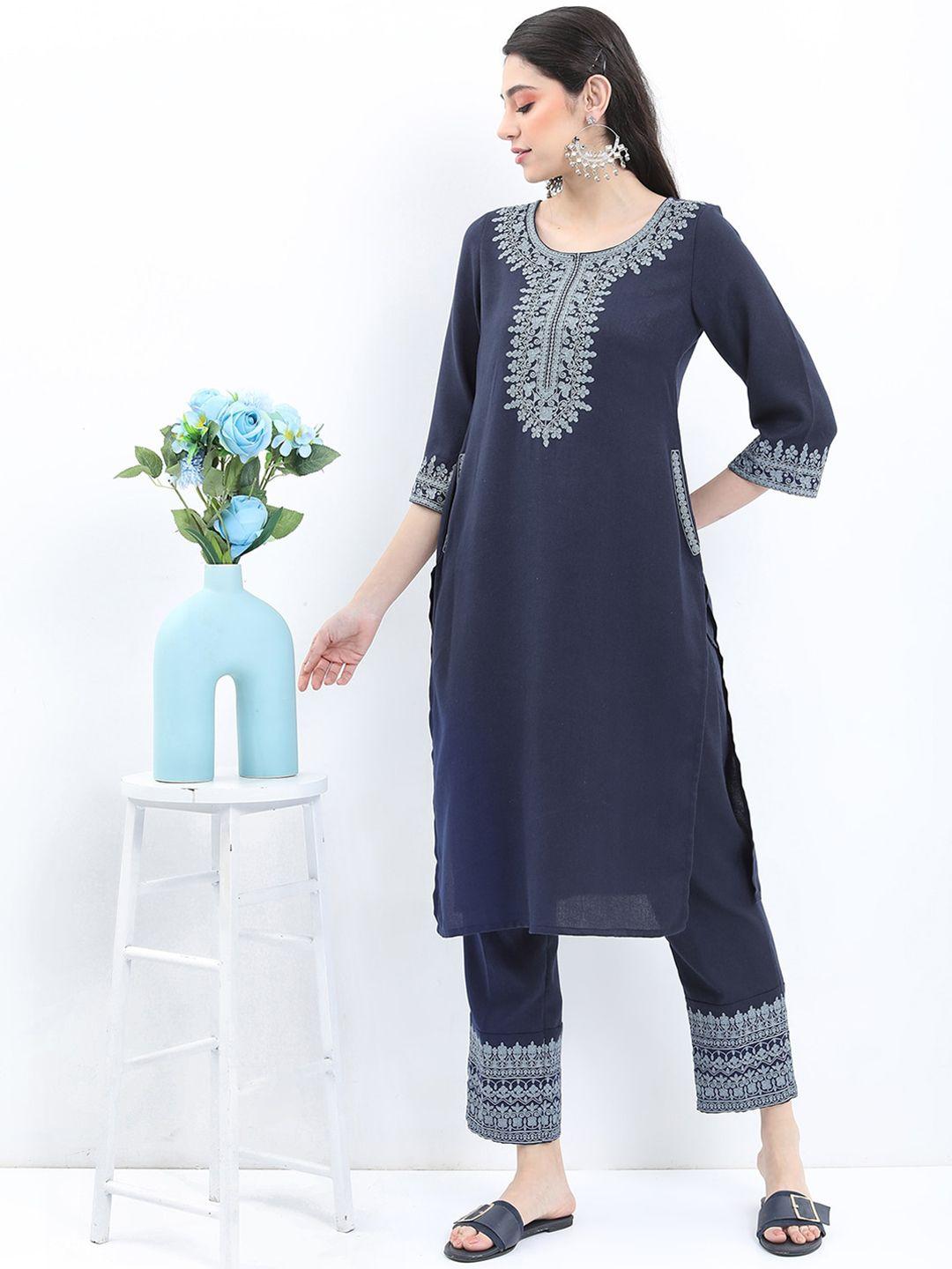 vishudh ethnic motifs embroidered kurta with palazzos