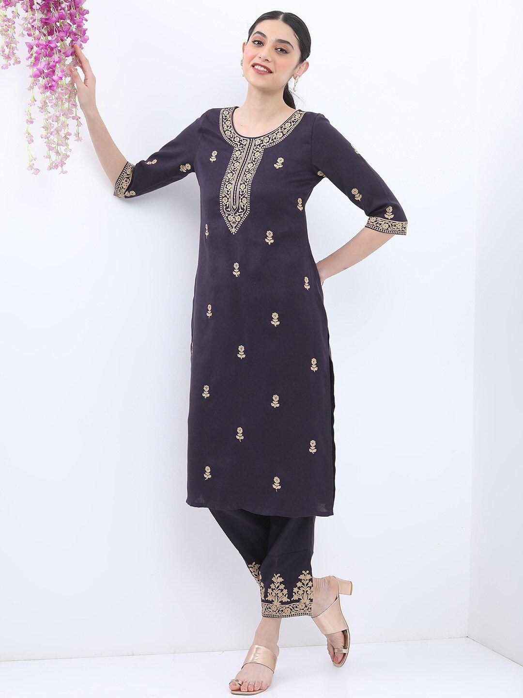 vishudh ethnic motifs embroidered straight kurta with trousers