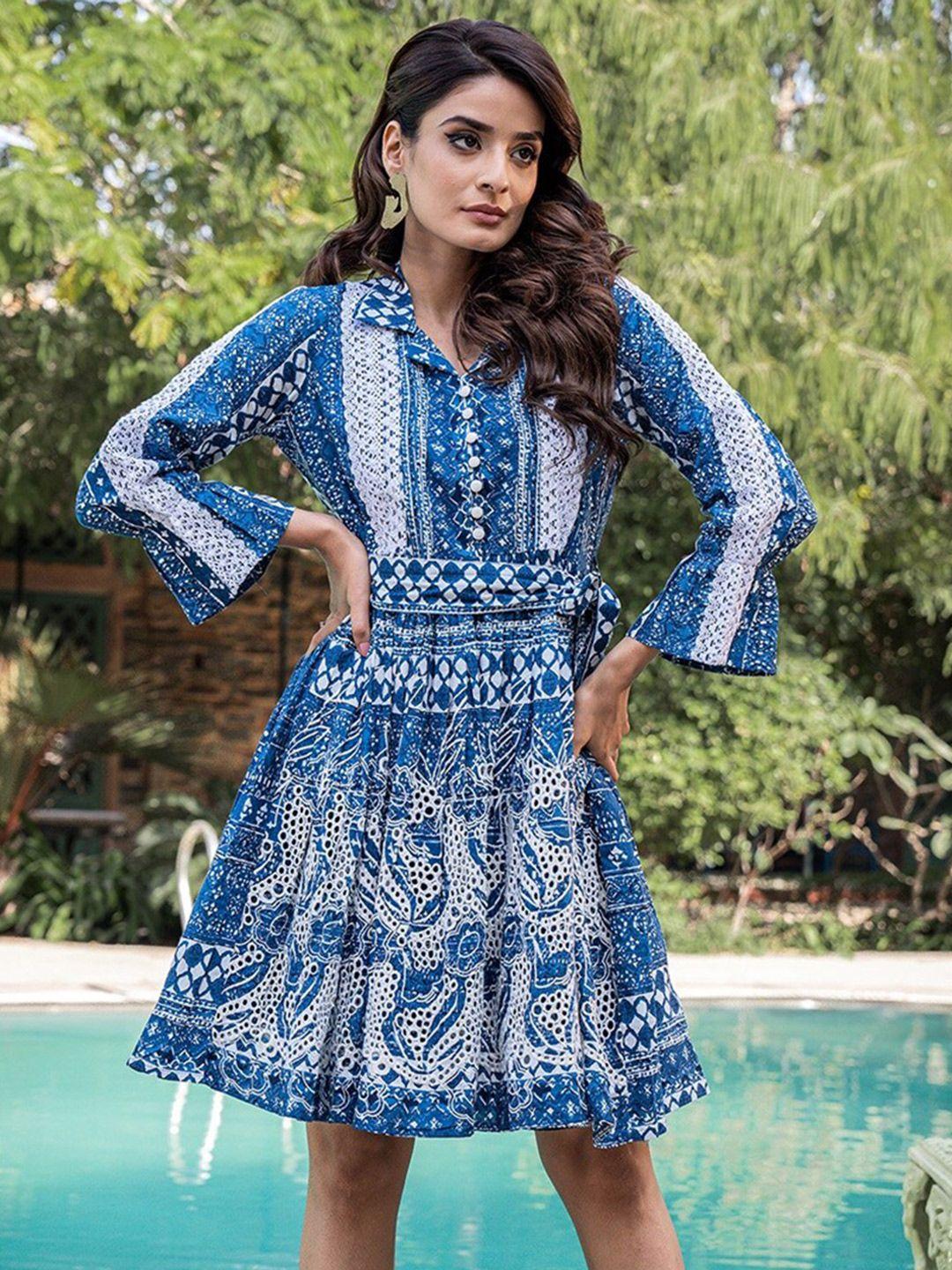 vishudh ethnic motifs print bell sleeve fit & flare pure cotton ethnic dress