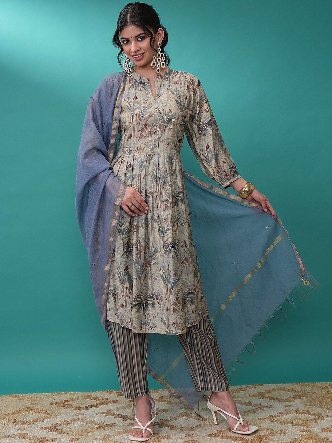 vishudh ethnic motifs printed a-line kurta with trousers & dupatta