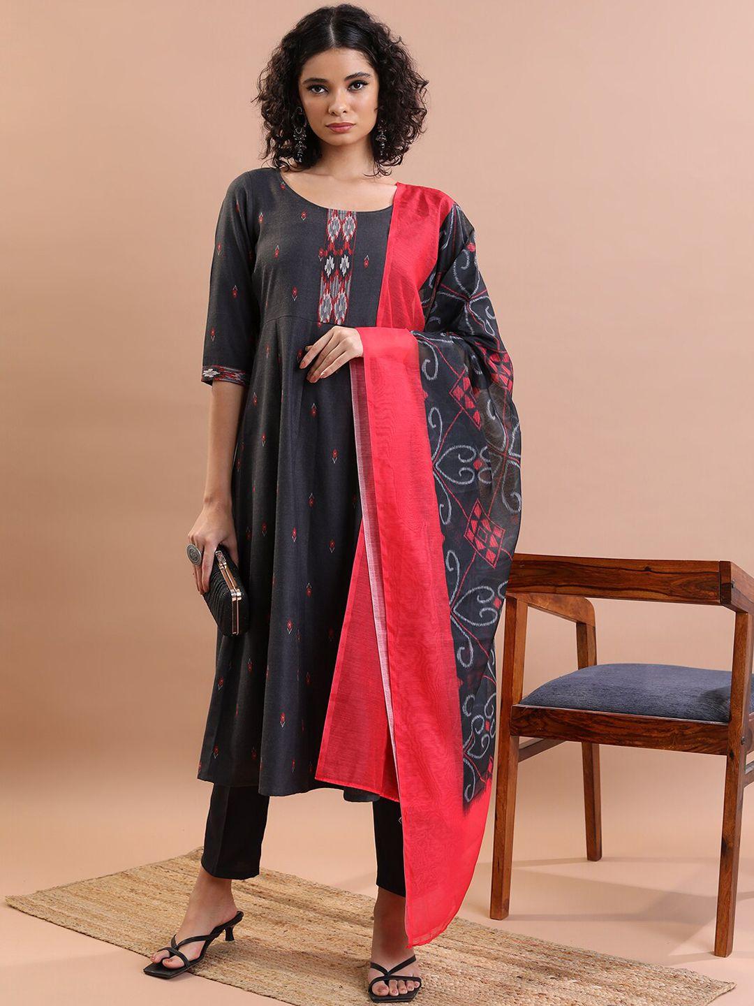 vishudh ethnic motifs printed anarkali kurta with trousers & dupatta