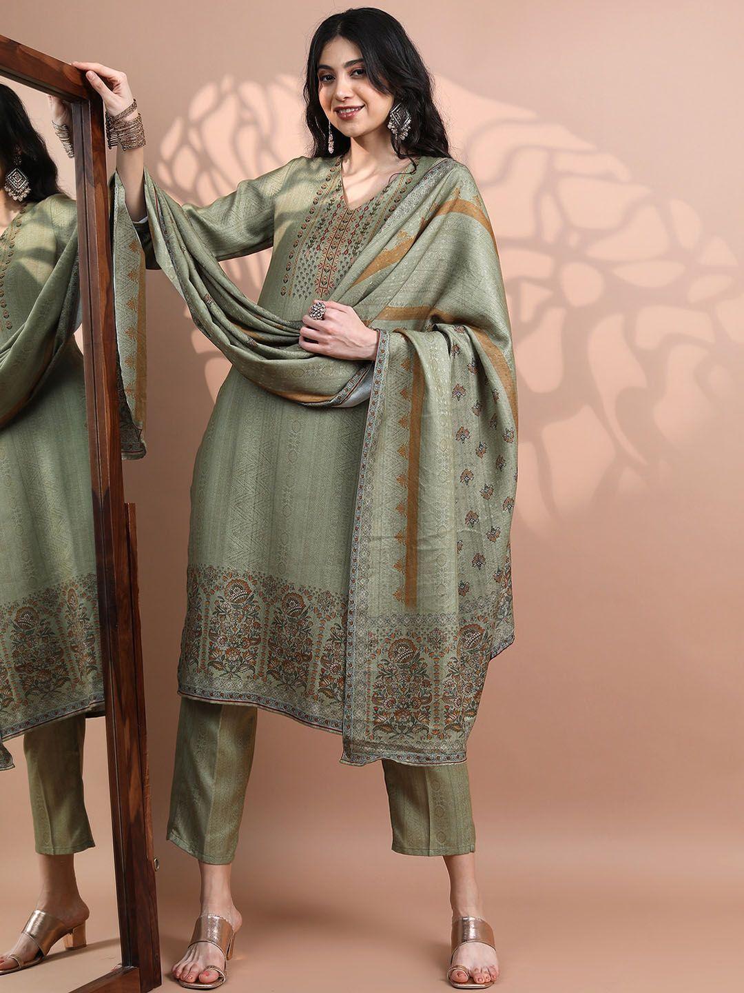 vishudh ethnic motifs printed faux pashmina kurta with palazzos & dupatta