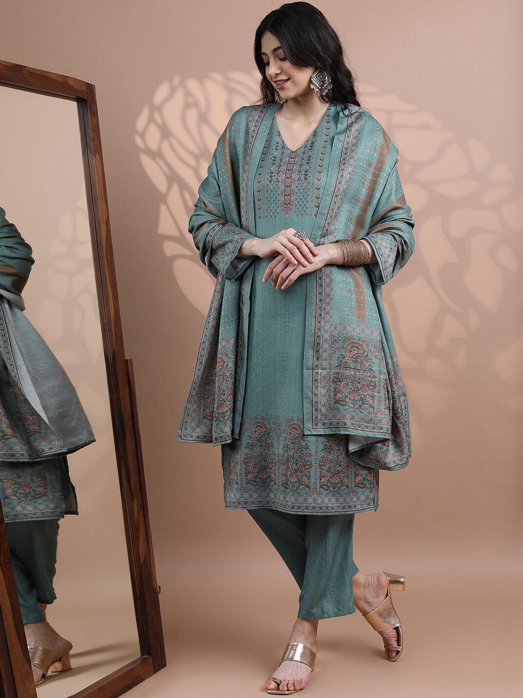 vishudh ethnic motifs printed faux pashmina kurta with trousers & with dupatta