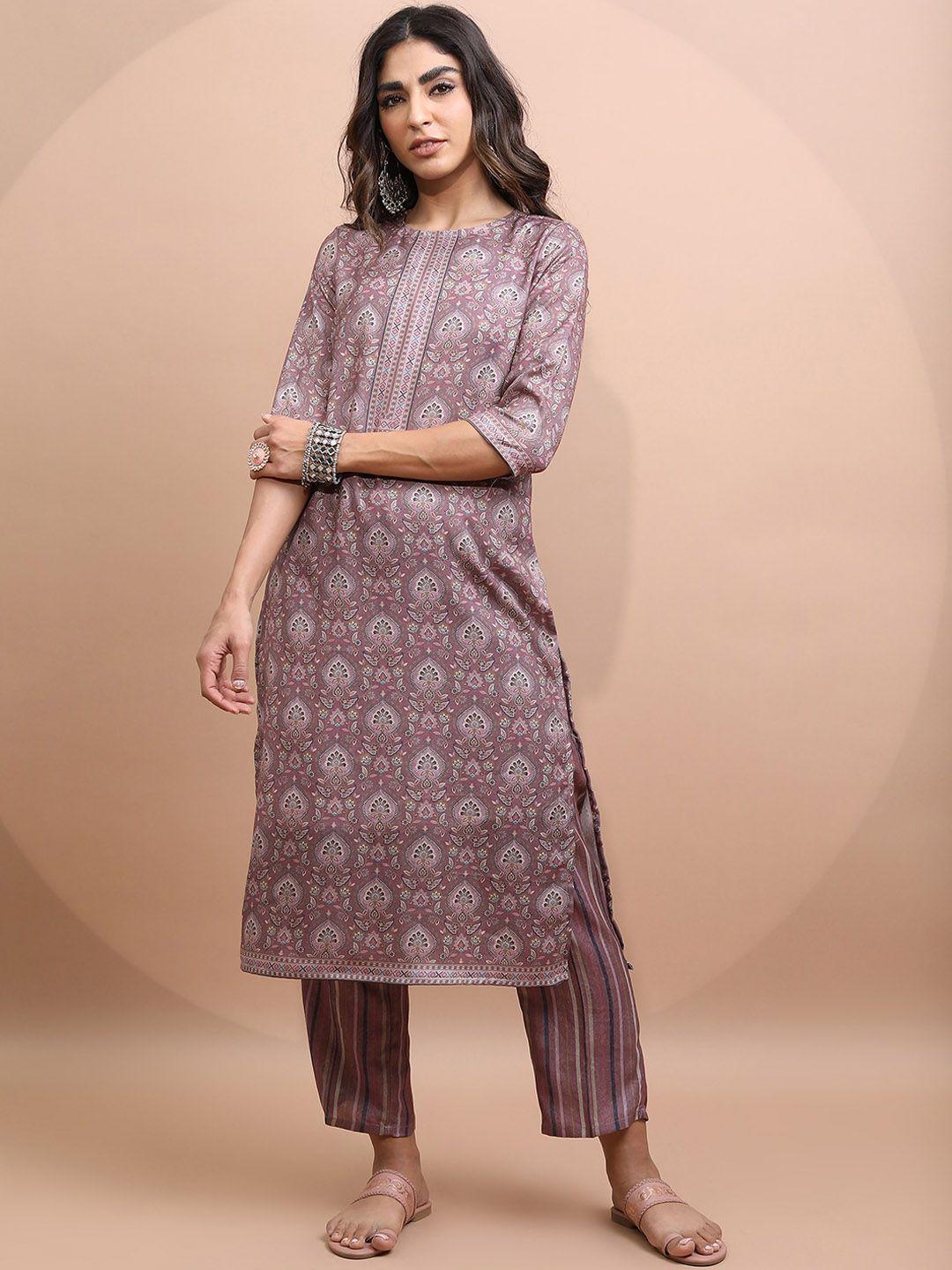 vishudh ethnic motifs printed faux pashmina kurta with trousers
