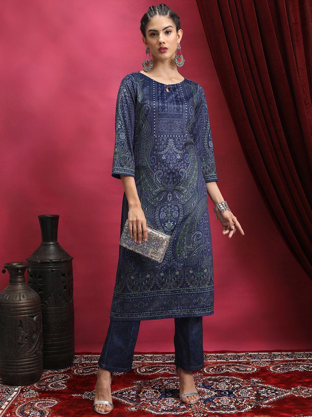 vishudh ethnic motifs printed keyhole neck a line straight kurta