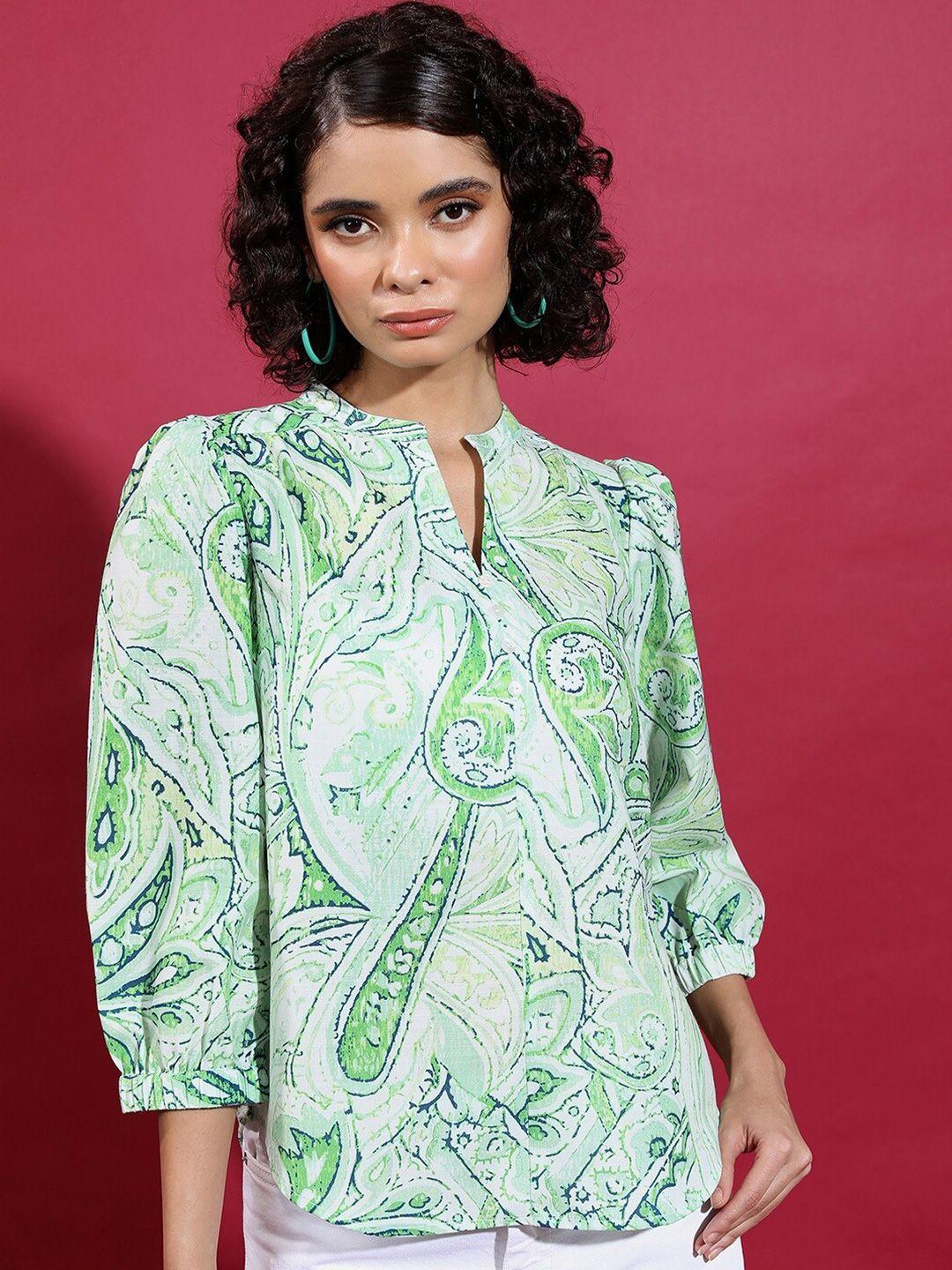 vishudh ethnic motifs printed mandarin collar puff sleeves top