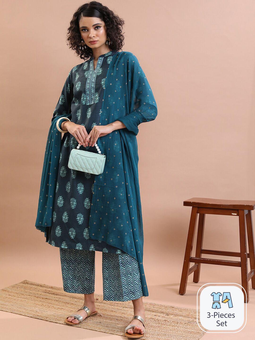 vishudh ethnic motifs printed mandarin collar straight kurta & palazzos with dupatta