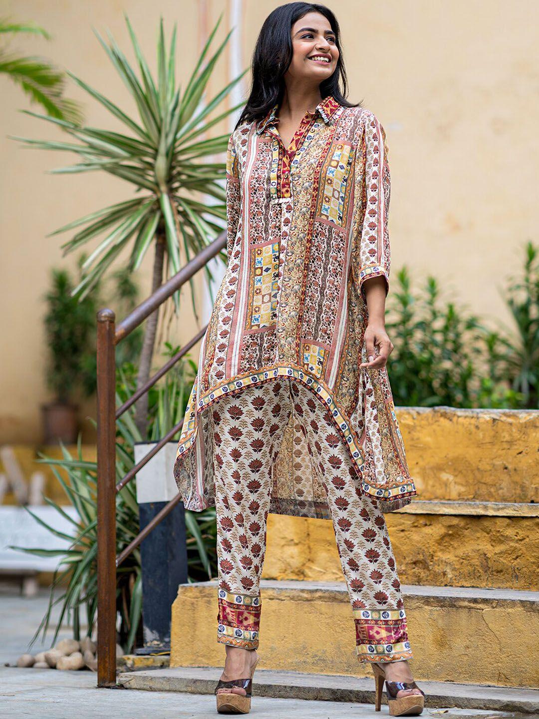 vishudh ethnic motifs printed shirt collar top & flared trouser co-ords