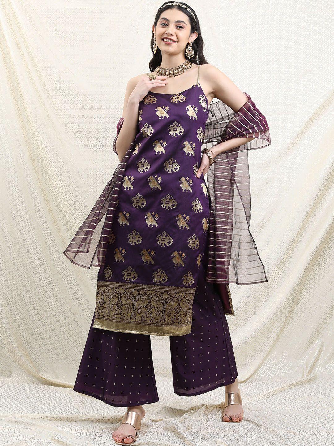 vishudh ethnic motifs printed shoulder strap kurta with palazzos & dupatta