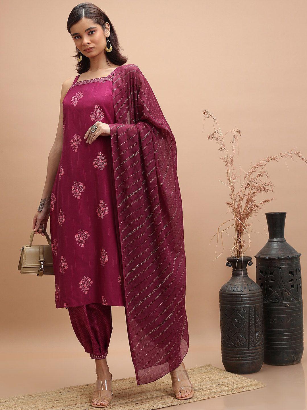 vishudh ethnic motifs printed shoulder straps regular kurta with salwar & with dupatta