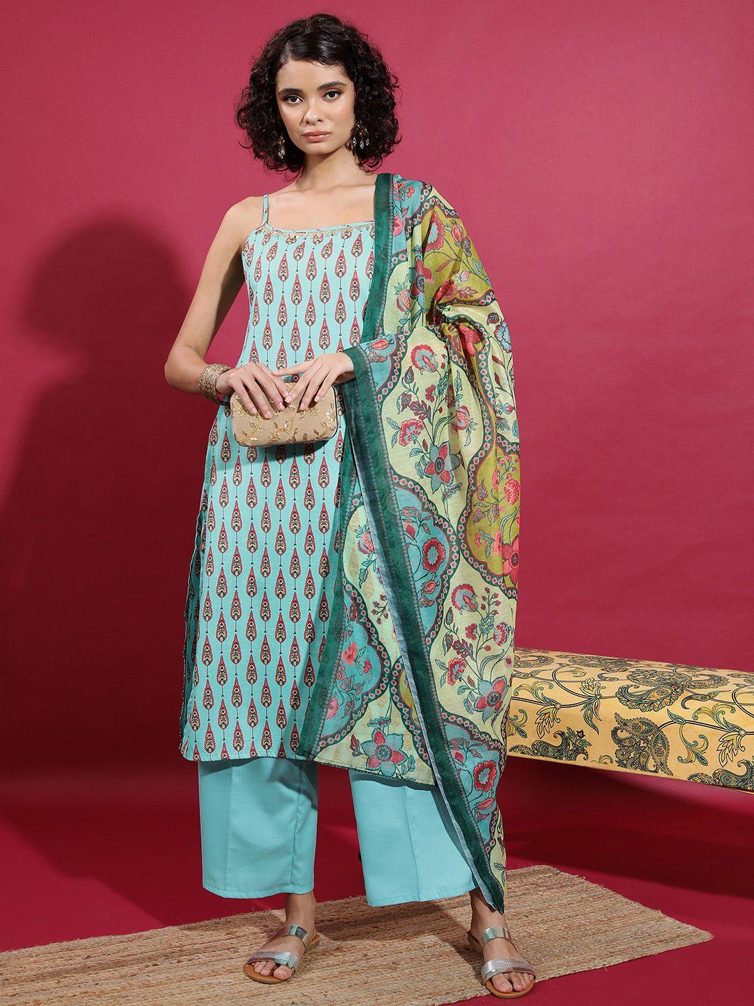 vishudh ethnic motifs printed shoulder straps straight kurta & palazzos with dupatta