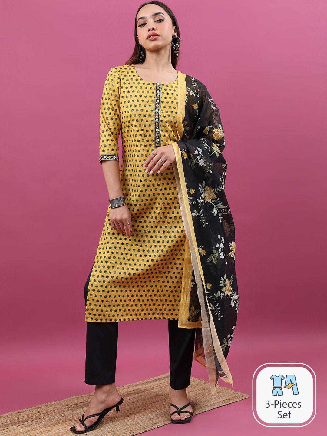 vishudh ethnic motifs printed thread work kurta & trousers with dupatta