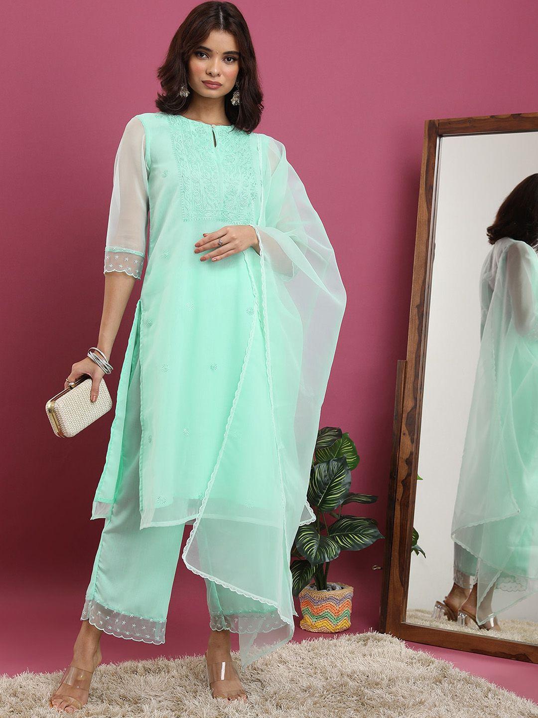 vishudh ethnic motifs yoke design regular thread work kurta with palazzos & with dupatta