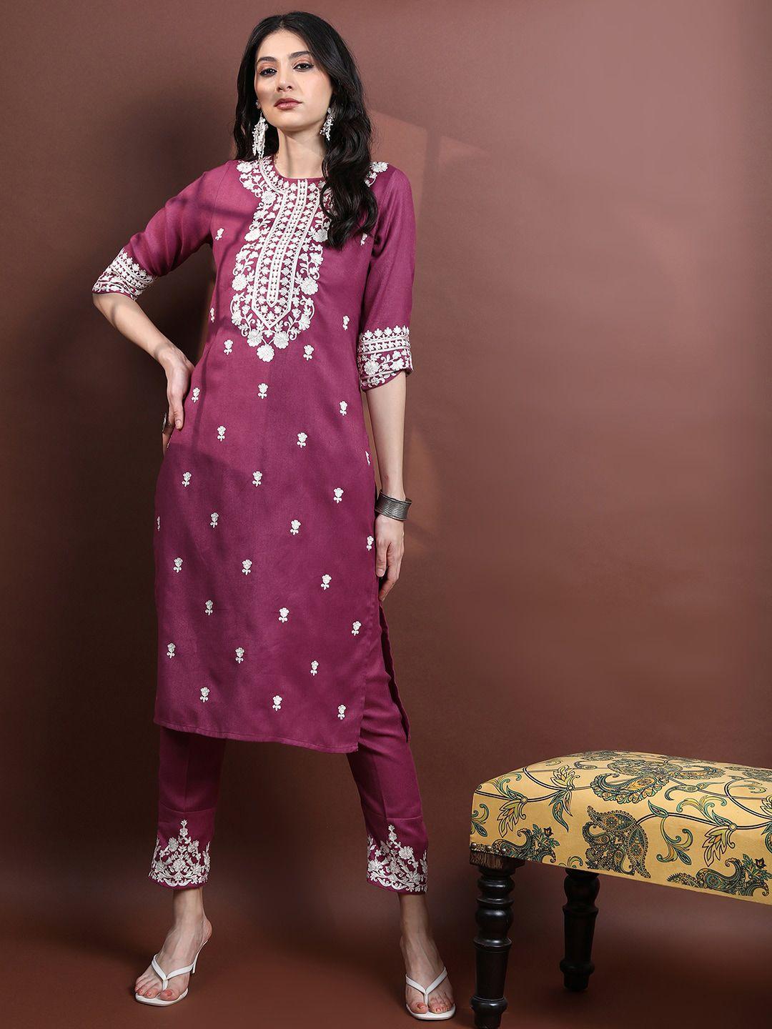 vishudh faux pashmia floral embroidered round neck kurta with trousers