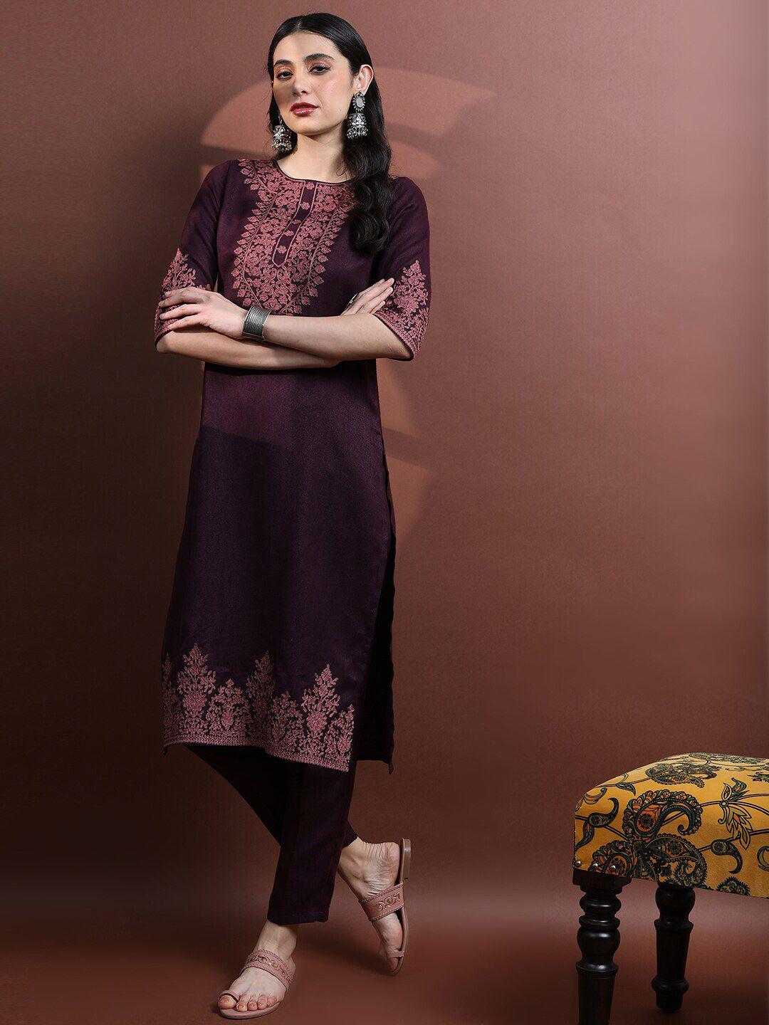 vishudh floral embroidered faux pashmina kurta with trousers