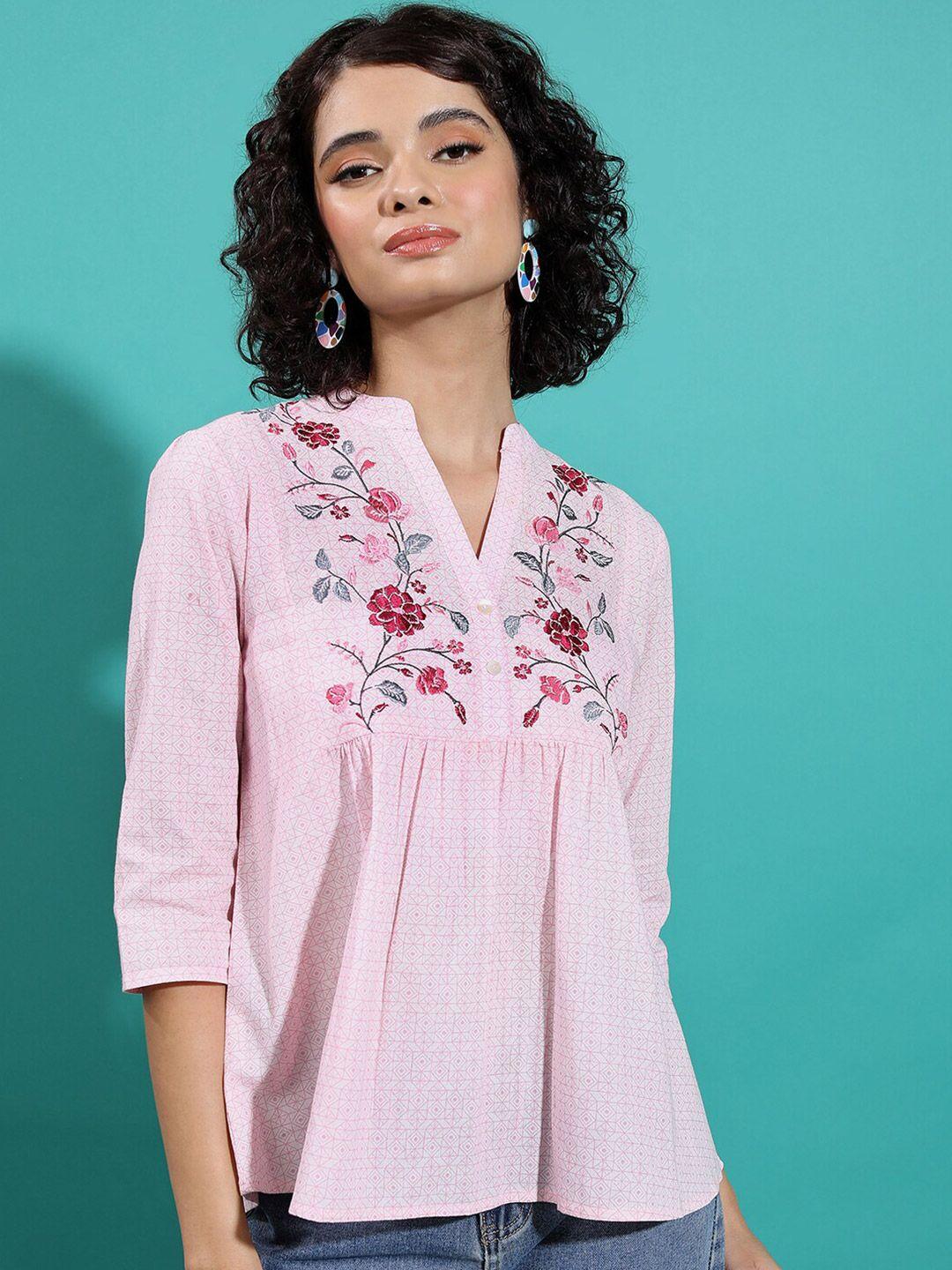 vishudh floral embroidered mandarin collar gathered a-line cotton top