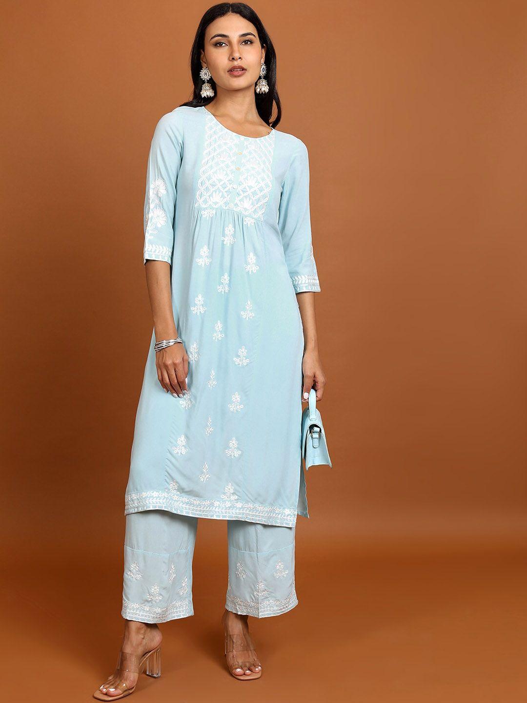 vishudh floral embroidered thread work straight kurta with palazzos