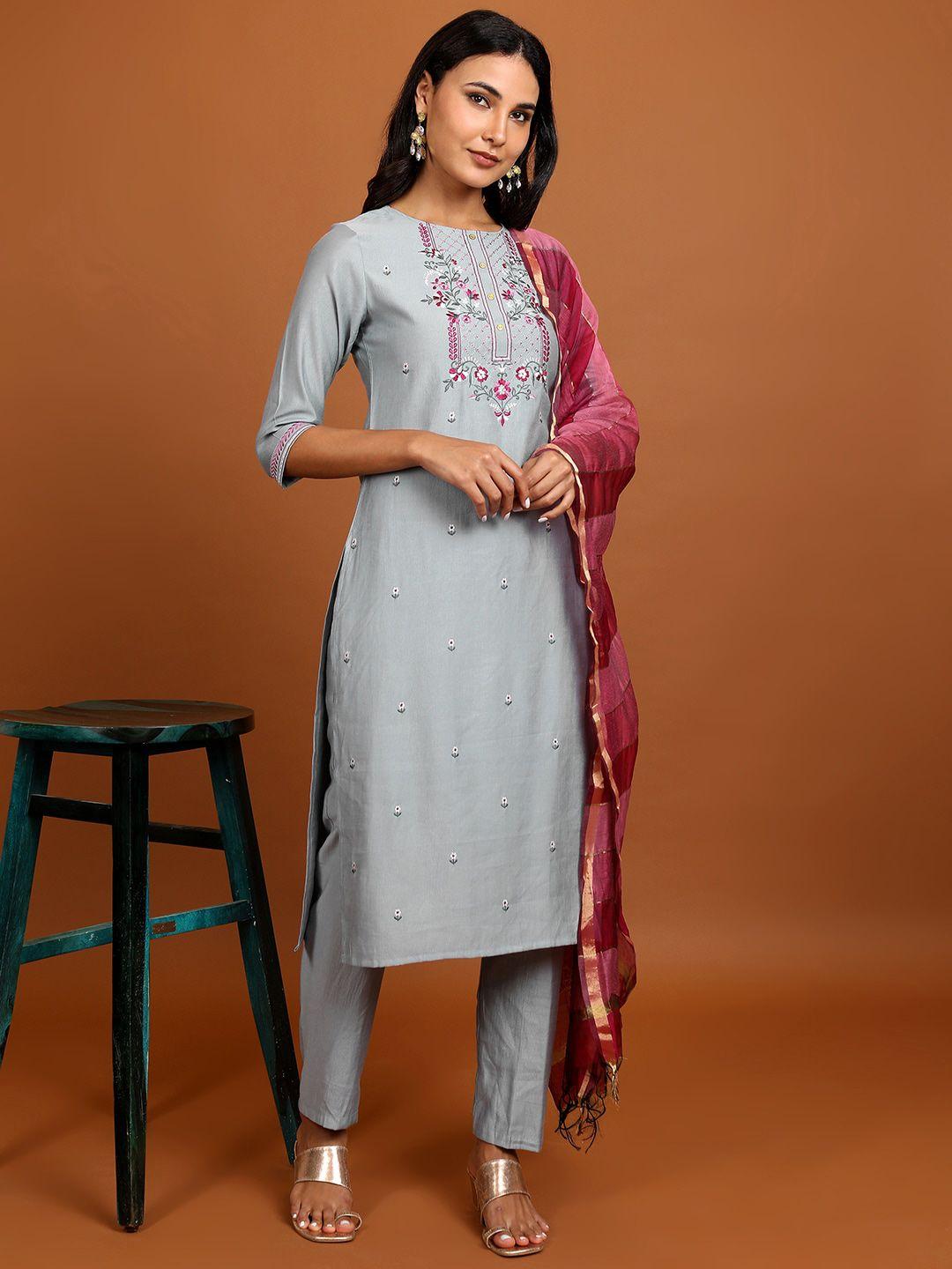 vishudh floral embroidered thread work straight kurta with trousers & dupatta