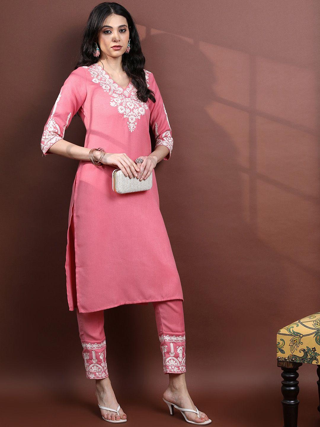 vishudh floral embroidered v-neck faux pashmina kurta with trousers