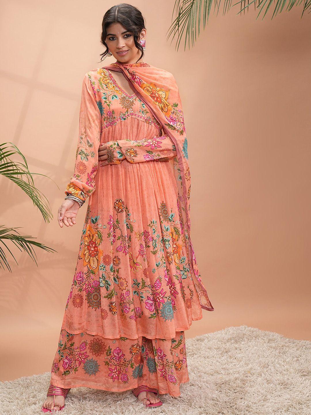 vishudh floral printed empire kurta with palazzos & dupatta