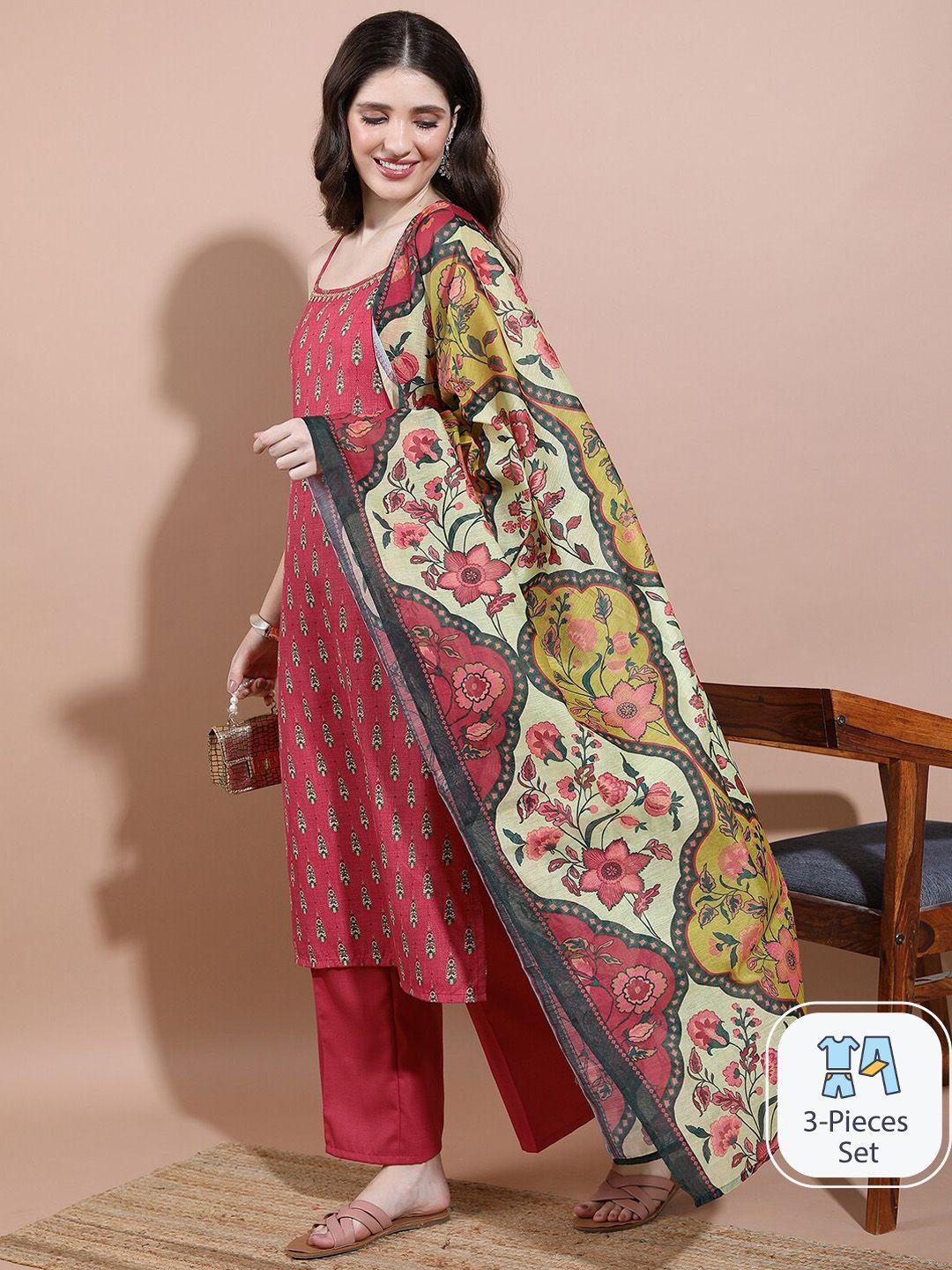 vishudh floral printed kurta & palazzos with dupatta