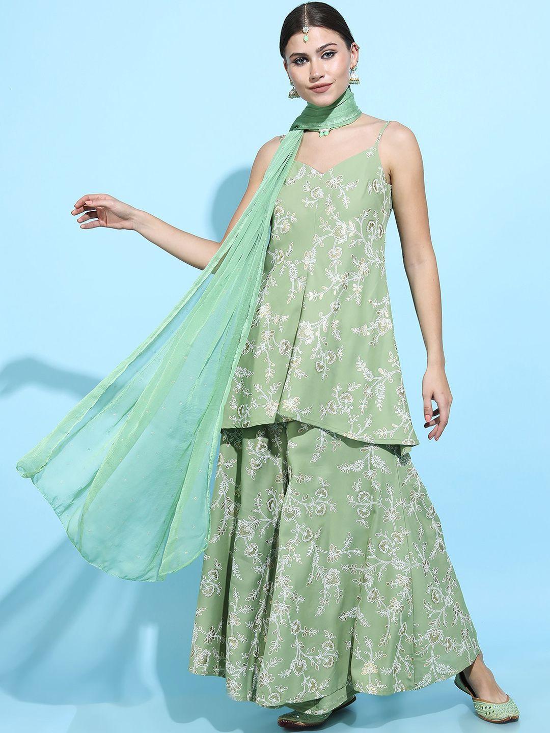 vishudh floral printed kurta with palazzo & dupatta