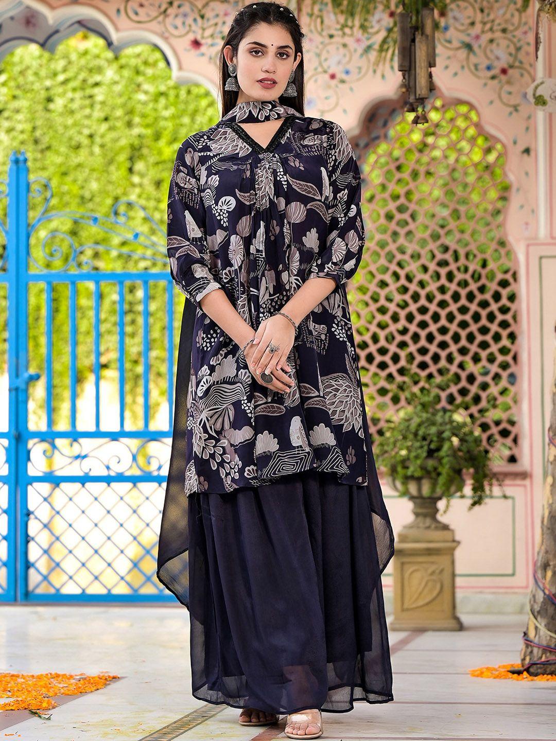 vishudh floral printed kurta with sharara & dupatta