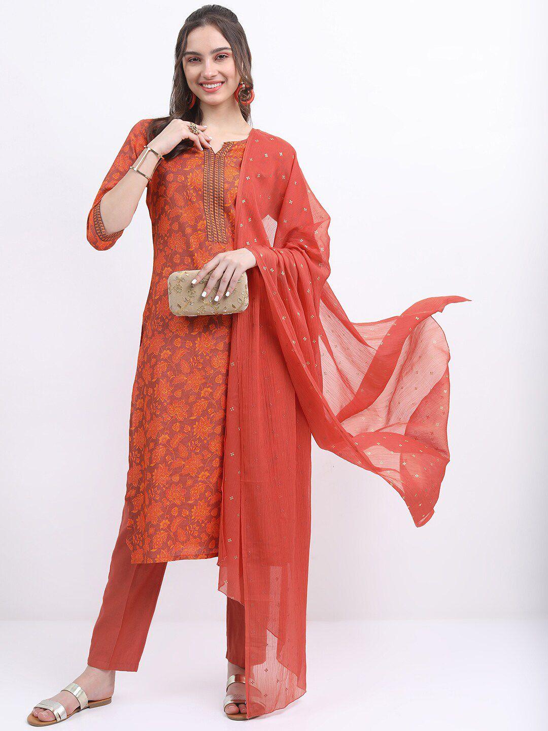 vishudh floral printed kurta with trousers & dupatta