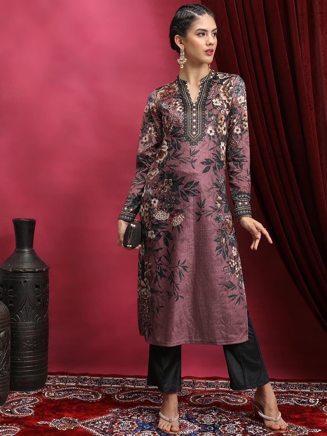 vishudh floral printed mandarin collar a line kurta