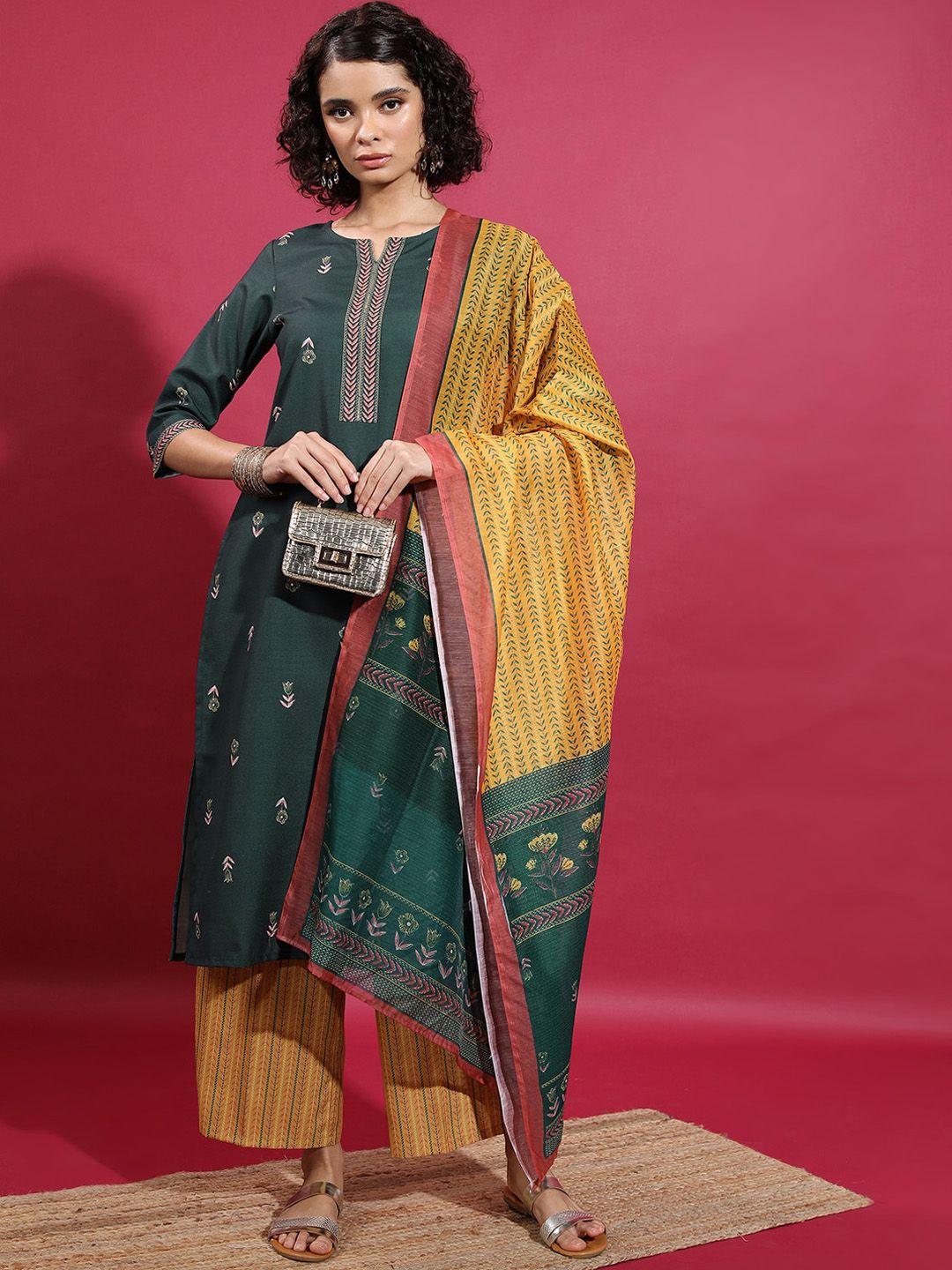 vishudh floral printed straight kurta & palazzos with dupatta